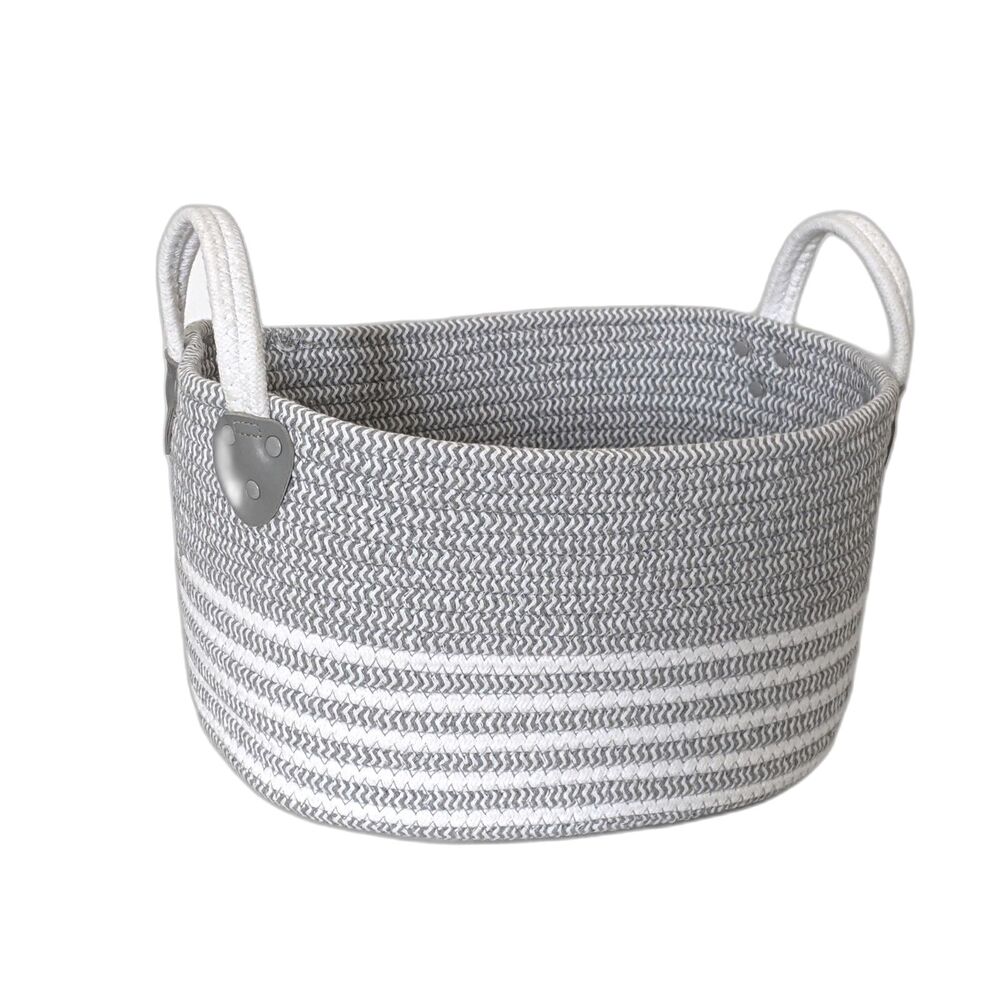 Cotton Rope Storage Organizer Basket with Handles Gray and White Striped - Picture 2 of 4
